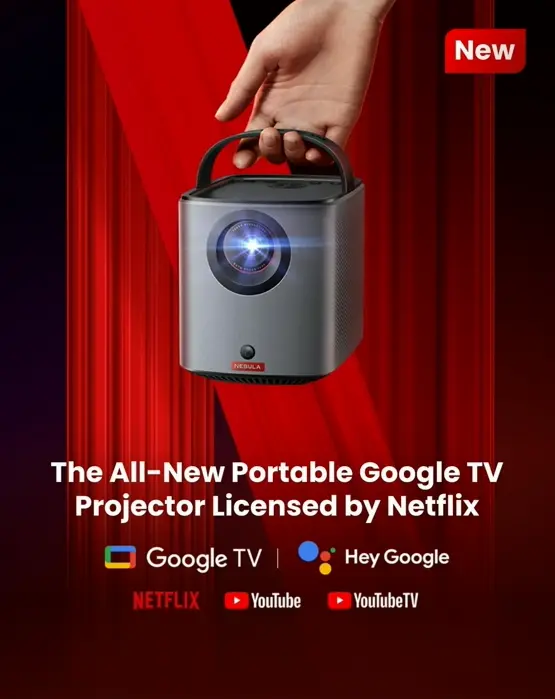 NEBULA III Aerial Google TV Projector, Streaming Licensed, Four Hundred Lumens Light, Native 1080P, Surround Digital Audio, 150-Inch Screen, Internal Battery for Two and a Half Hours of Use Anywhere.