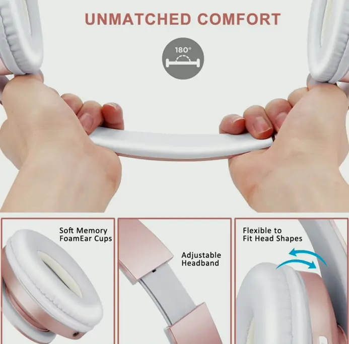 Bluetooth Headset Over-Ear, Collapsible Stereo Pink