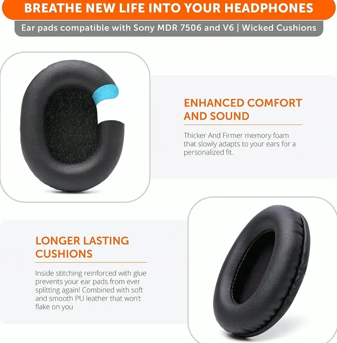 Replacement Ear Pads for Sony MDR 7506 with Luxurious Memory Cushion