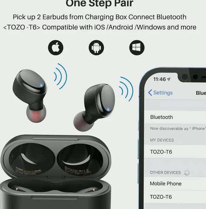 TOZO’s T6 Classic Edition Wireless Earbuds BT 5.3 Headset With Charging Case